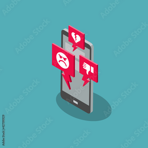 Cyberbullying symbol with a smartphone, isolated on blue background. Flat design, easy to use for your website or presentation.