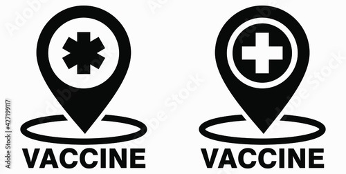 Vaccine and location icon. Syringe sign. The location of the hospital. Vector icon.