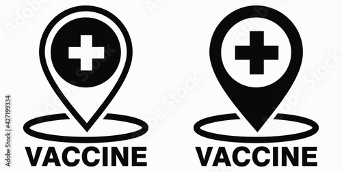 Vaccine and location icon. Syringe sign. The location of the hospital. Vector icon.
