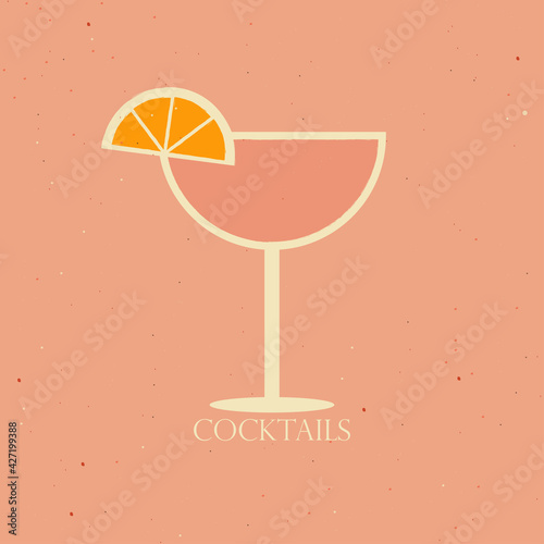 Vector illustration of a cocktail in a coupe glass with orange slice. 
