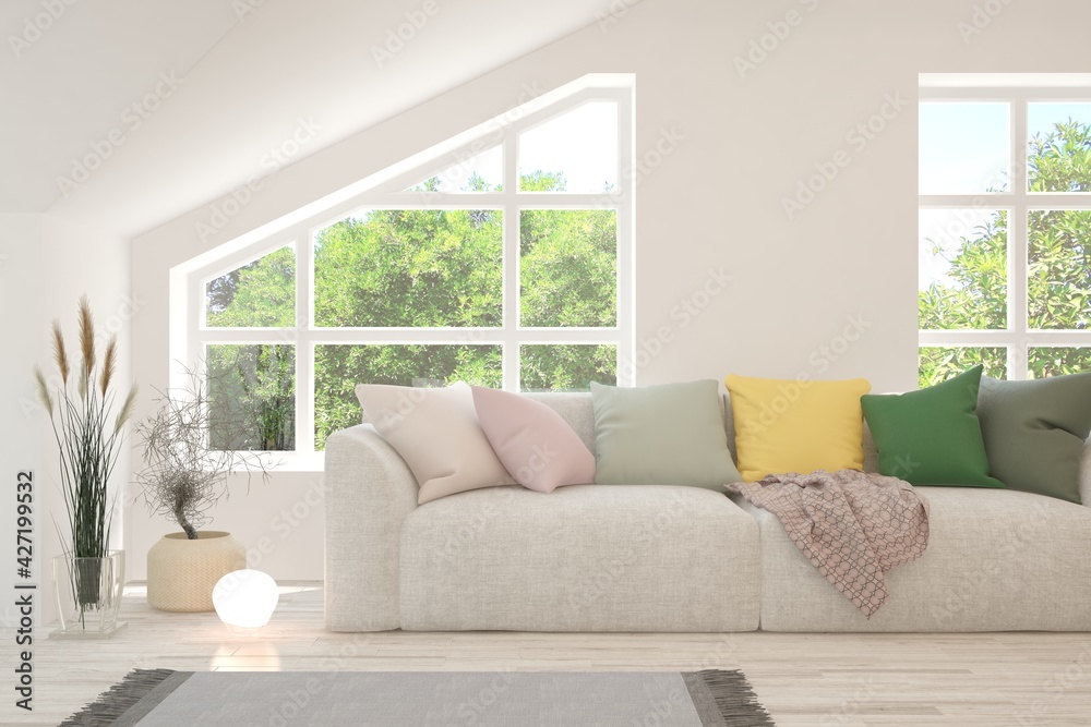 White living room with sofa and summer landscape in window. Scandinavian interior design. 3D illustration White living room with sofa and summer landscape in window. Scandinavian interior design. 3D illustration