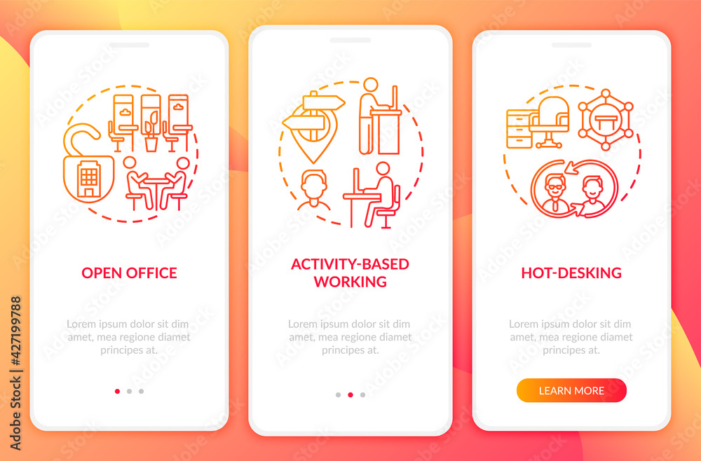 Future workplace conditions onboarding mobile app page screen with concepts. Open plan, hot desk walkthrough 3 steps graphic instructions. UI, UX, GUI vector template with linear color illustrations