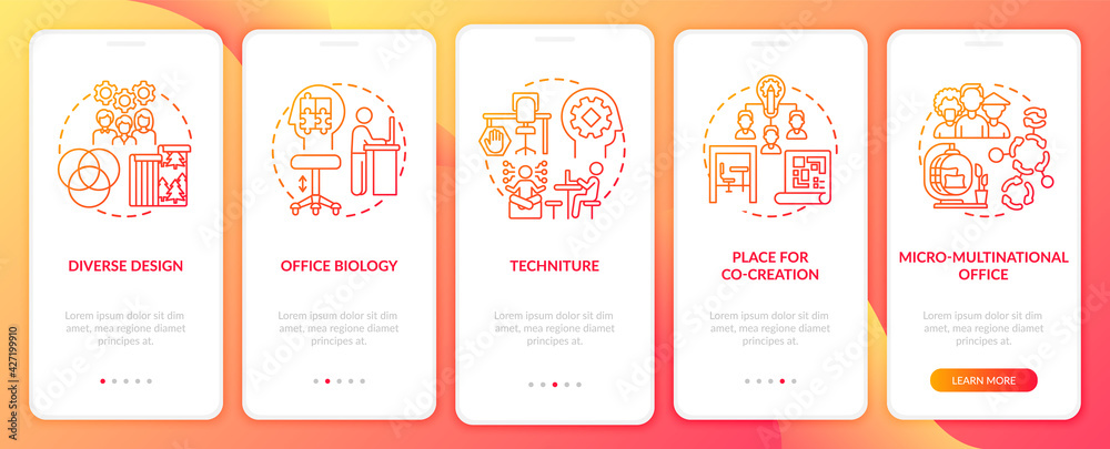 Workplace trends onboarding mobile app page screen with concepts. Diversity, techniture walkthrough 5 steps graphic instructions. UI, UX, GUI vector template with linear color illustrations