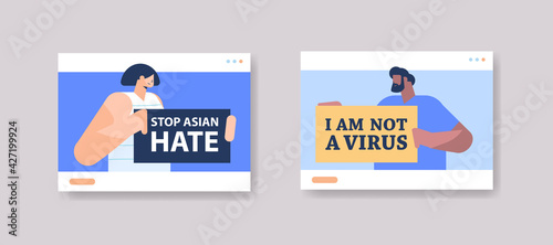 people holding banners against bullying and racism stop asian hate support during covid-19 coronavirus pandemic