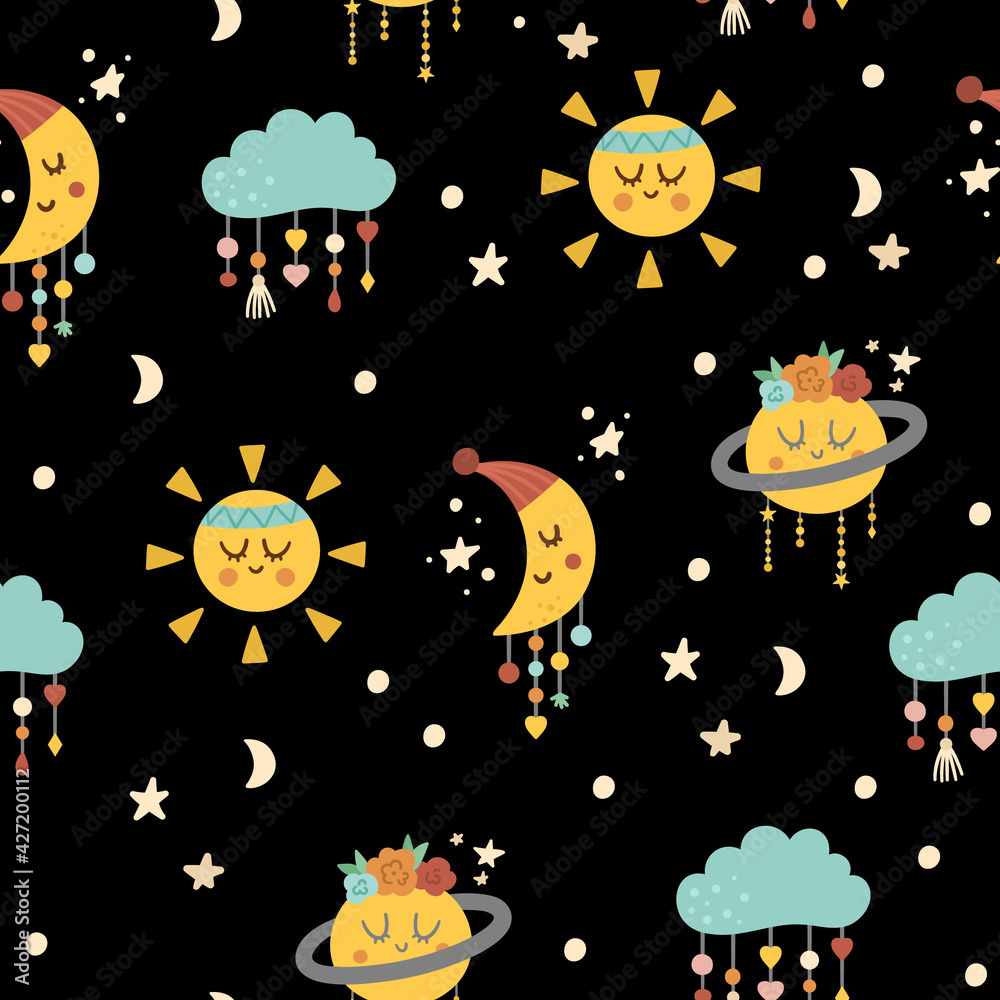 Vector boho ornament. Bohemian seamless pattern with stars, kawaii sun, crescent moon and clouds. Wild and free repeating background. Good night or ethnic tribal digital paper.