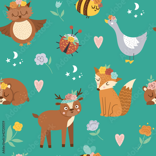 Vector seamless pattern with woodland animals, insects and birds. Boho forest repeating background. Bohemian digital paper with fox, owl, bear, deer, ladybug, goose with flowers on heads. .