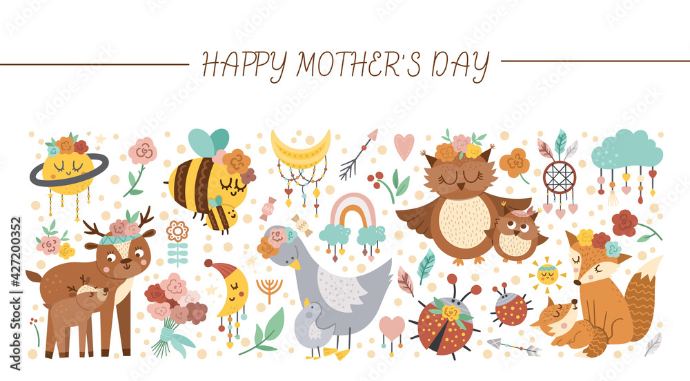 Fototapeta premium Vector horizontal set with Mothers day characters and elements. Card template design with cute forest baby animals and parents showing family love. Funny boho style holiday or celestial border..