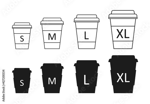 Coffee cup on the go and size. Vector icon set.