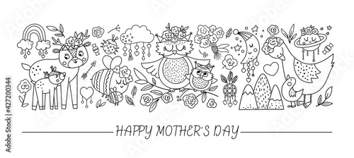 Vector black and white horizontal set with Mothers day characters and elements. Card template design with cute forest baby animals showing family love. Funny line boho style holiday border..