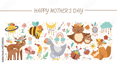 Vector horizontal set with Mothers day characters and elements. Card template design with cute forest baby animals and parents showing family love. Funny boho style holiday or celestial border..