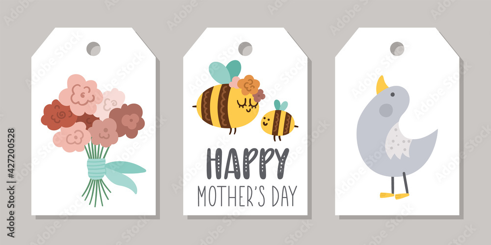 Cute set of Mothers day price tag templates with cute baby and mother bumblebee, gosling, flowers bouquet. Vector holiday card designs. Shop badge or label with family love concept.  .