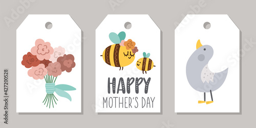 Cute set of Mothers day price tag templates with cute baby and mother bumblebee, gosling, flowers bouquet. Vector holiday card designs. Shop badge or label with family love concept. .