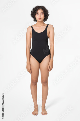One-piece black swimsuit women’s summer fashion with design space full body