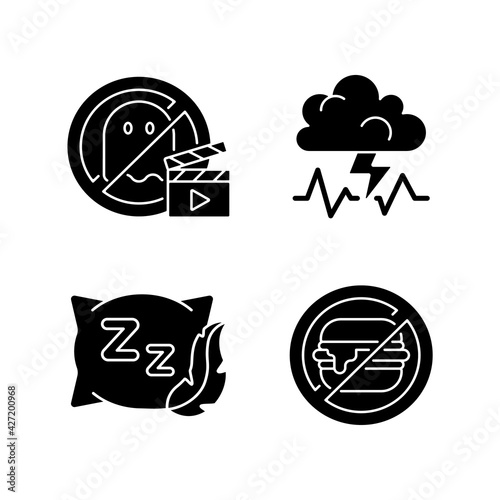 Causes for bad sleep black glyph icons set on white space. No horror movie. Stress, anxiety. Comfortable pillow. No junk food. Avoid unhealthy habits. Silhouette symbols. Vector isolated illustration