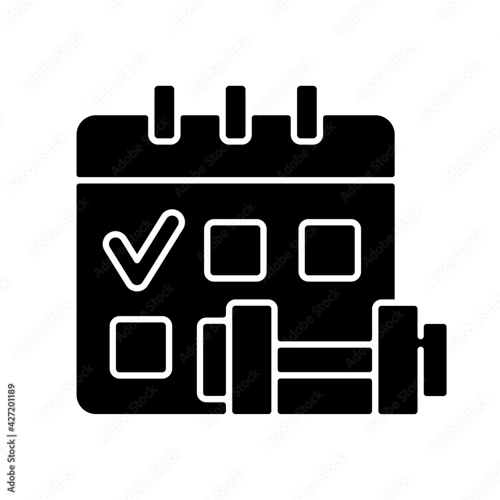 Regular exercise black glyph icon. Calendar to track gym attendance. Routine for workout. Fitness schedule. Improve health. Silhouette symbol on white space. Vector isolated illustration Regular exercise black glyph icon. Calendar to track gym attendance. Routine for workout. Fitness schedule. Improve health. Silhouette symbol on white space. Vector isolated illustration