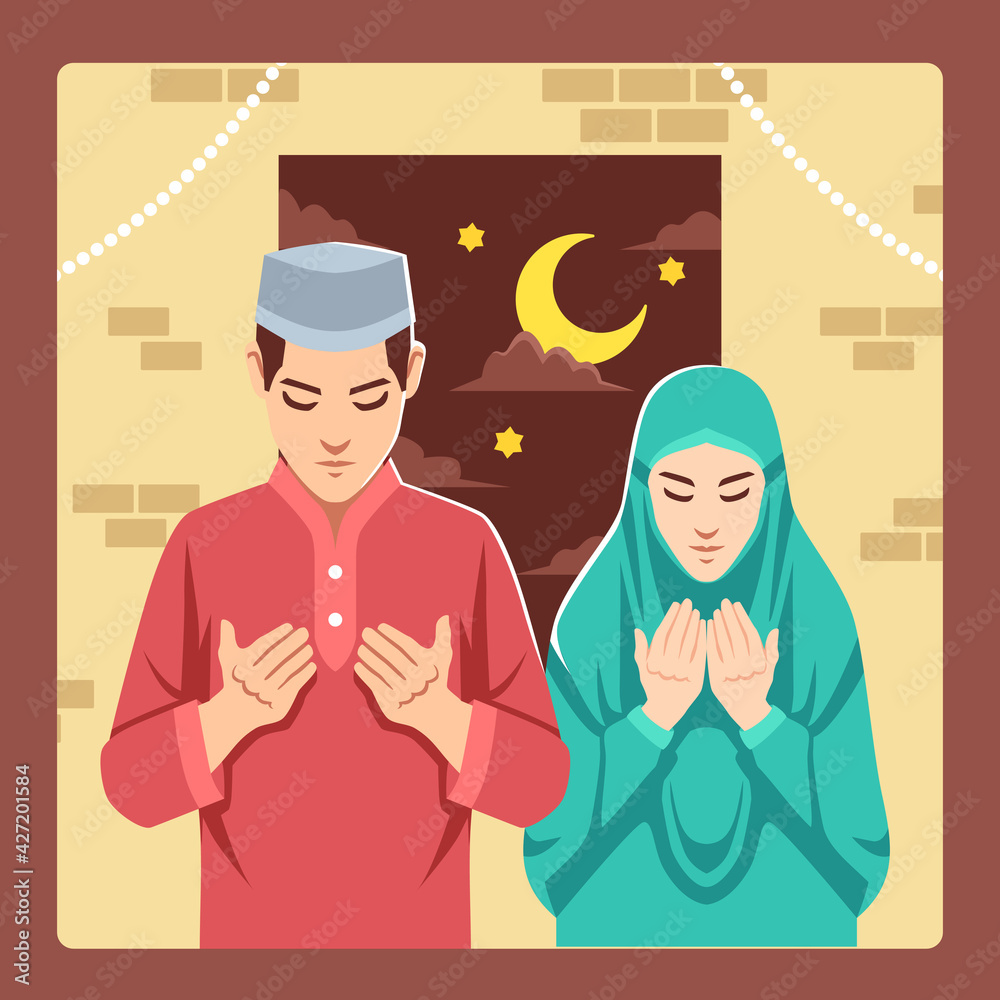 A couple of cartoon characters of an Islamic husband and wife praying  together at midnight. Stock Vector | Adobe Stock
