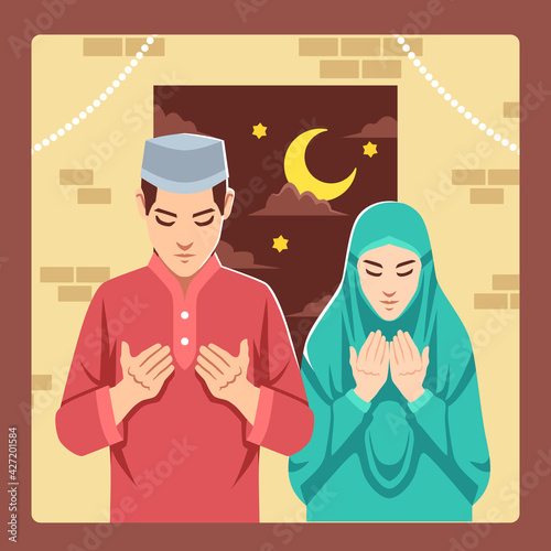A couple of cartoon characters of an Islamic husband and wife praying together at midnight.