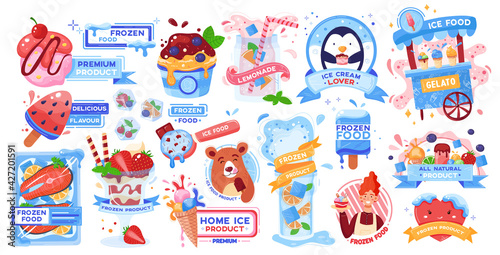 Set frozen food, ice and snow for safety product, cold ice cream, design cartoon style vector illustration, isolated on white.