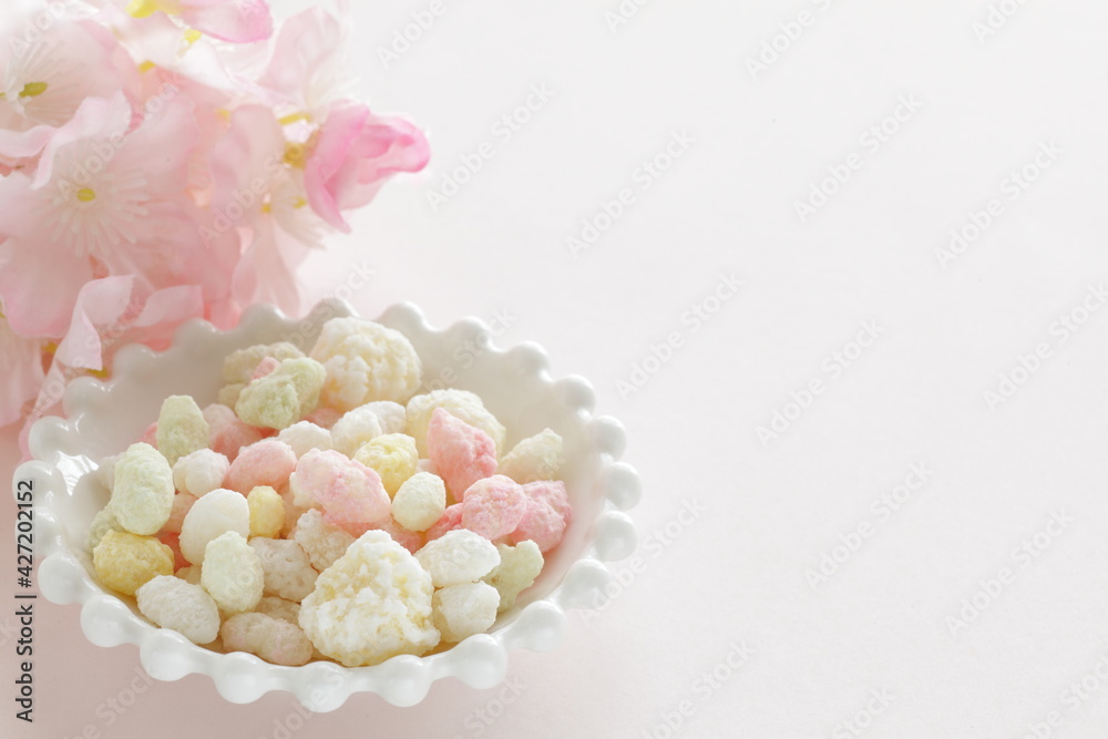 Japanese confectionery, sweet rice cracker on white plate for Girl's day holiday food
