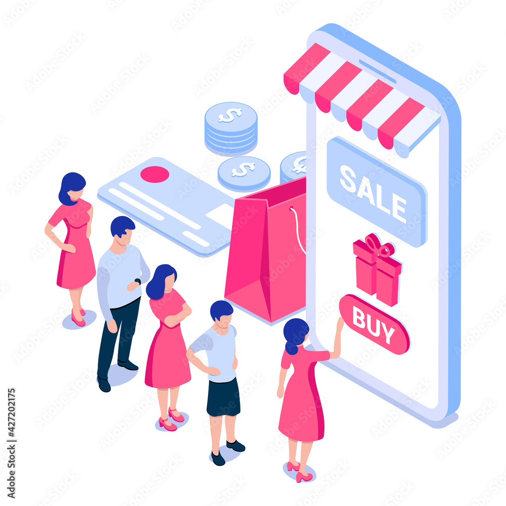 Online shopping concept. People in front of smartphone screen with gift box, credit card, coins, bag. For web banners, infographics. Flat isometric vector illustration isolated on white background.