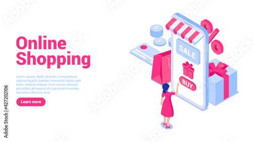 Online shopping concept. Girl in front of smartphone screen with gift box, credit card, coins, bag.Web banner or landing page template. Flat isometric vector illustration isolated on white background.