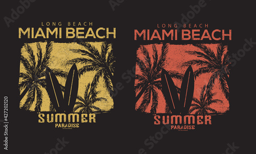 Surfing board and palm tree brush look vintage vector design. miami beach t-shirt design. 