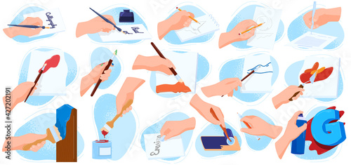 Hand holds pencil, draws brush paint on paper, writes in notebook, design cartoon style vector illustration, isolated on white.