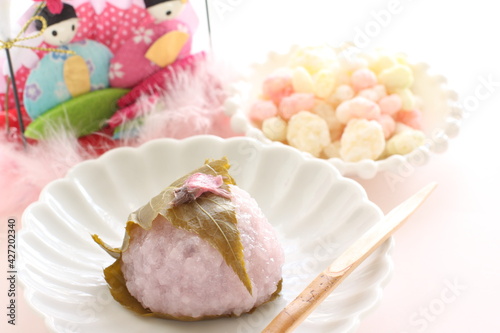 Japanese spring confectionery, cherry blossom sticky rice ball and snack for Girl's day holiday