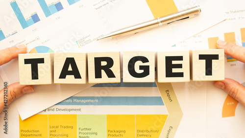 Cropped view of hands holding wooden cubes with TARGET lettering on work table.