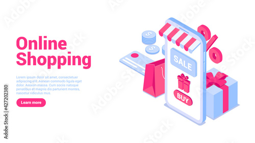 Online shopping concept. Smartphone with gift box, credit card, coins, bag, percent icon. Web banner or landing page template. Flat isometric vector illustration isolated on white background.