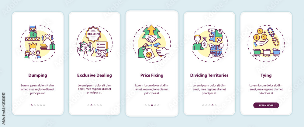 Anti-competitive practices types onboarding mobile app page screen with concepts. Dumping, tying walkthrough 5 steps graphic instructions. UI, UX, GUI vector template with linear color illustrations