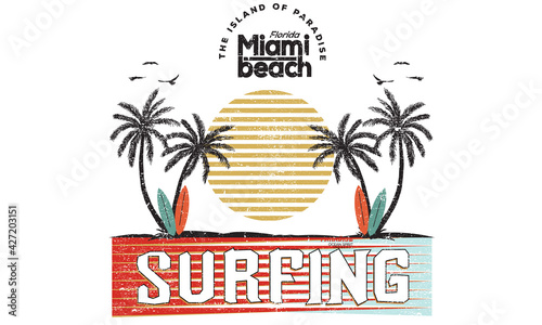 Surfing paradise miami beach with surfing board and palm tree vector print design for t-shirt and others