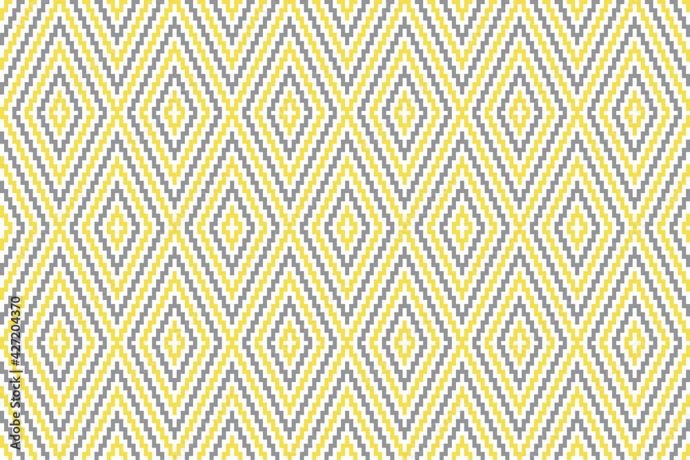 Colors of year 2021 illuminating yellow and ultimate gray geometric seamless pattern with pixel art rhombus on white background. Abstract diamond vector pattern. Simple vector illustration