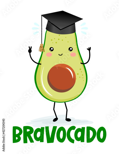 Bravocado (bravo avocado) kawaii character design with graduation hat on white background. Good for posters, flyers, t-shirts, cards, invitations, stickers, banners, gifts. Congratulation graduates.