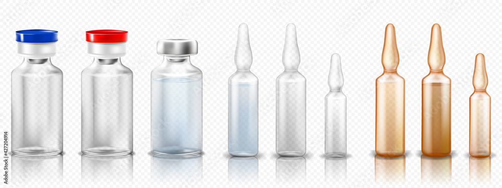 A set of glass medical ampoules or vials with a vaccine or medicine for ...