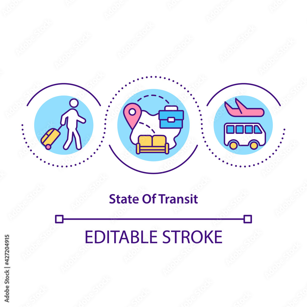 State of transit concept icon. Moving countries. Transportation through region. Migrant workers idea thin line illustration. Vector isolated outline RGB color drawing. Editable stroke