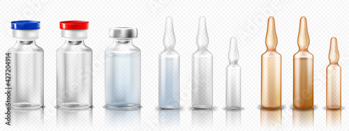 A set of glass medical ampoules or vials with a vaccine or medicine for treatment. Brown ampoules set .Bottles or transparent capsules with aluminum and plastic caps. Realistic 3d vector