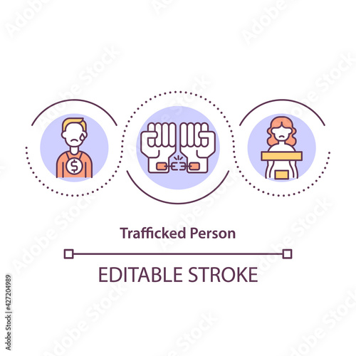 Trafficked person concept icon. Human slavery, violence and abuse. Forced labor. Migrant worker rights violation idea thin line illustration. Vector isolated outline RGB color drawing. Editable stroke