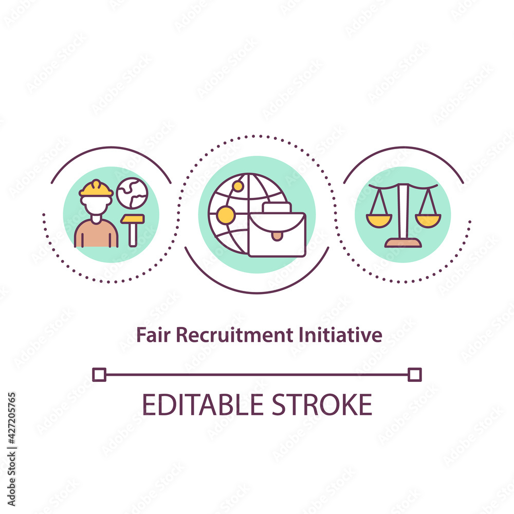 Fair recruitment initiative concept icon. Legal protection of immigrants. Migrant workers rights idea thin line illustration. Vector isolated outline RGB color drawing. Editable stroke