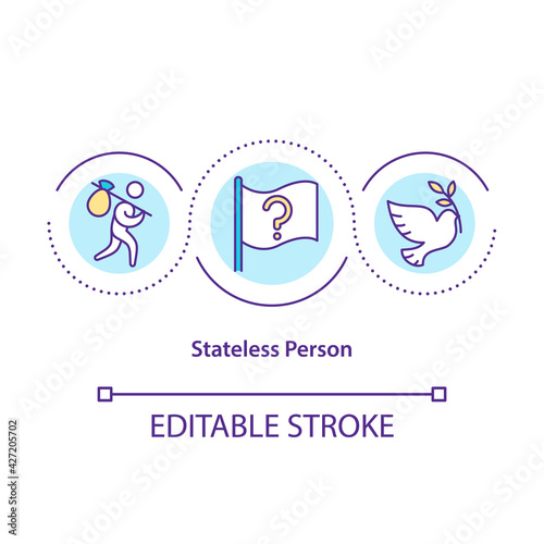 Stateless person concept icon. Immigrant with no state of origin. Homeless person. Migrant workers rights idea thin line illustration. Vector isolated outline RGB color drawing. Editable stroke