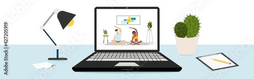 Workout online. Laptop and video of man working out at home. Online videos of sports and fitness workouts. Workouts at home. Healthy lifestyle. Coronavirus quarantine isolation. Vector.