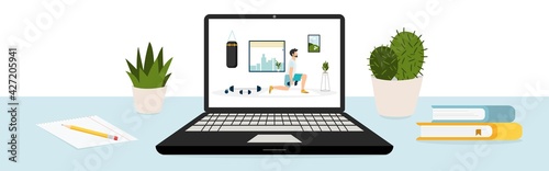 Workout online. Laptop and video of man working out at home. Online videos of sports and fitness workouts. Workouts at home. Healthy lifestyle. Coronavirus quarantine isolation. Vector.