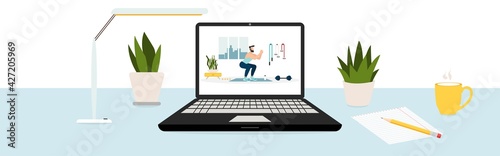 Workout online. Laptop and video of man working out at home. Online videos of sports and fitness workouts. Workouts at home. Healthy lifestyle. Coronavirus quarantine isolation. Vector.