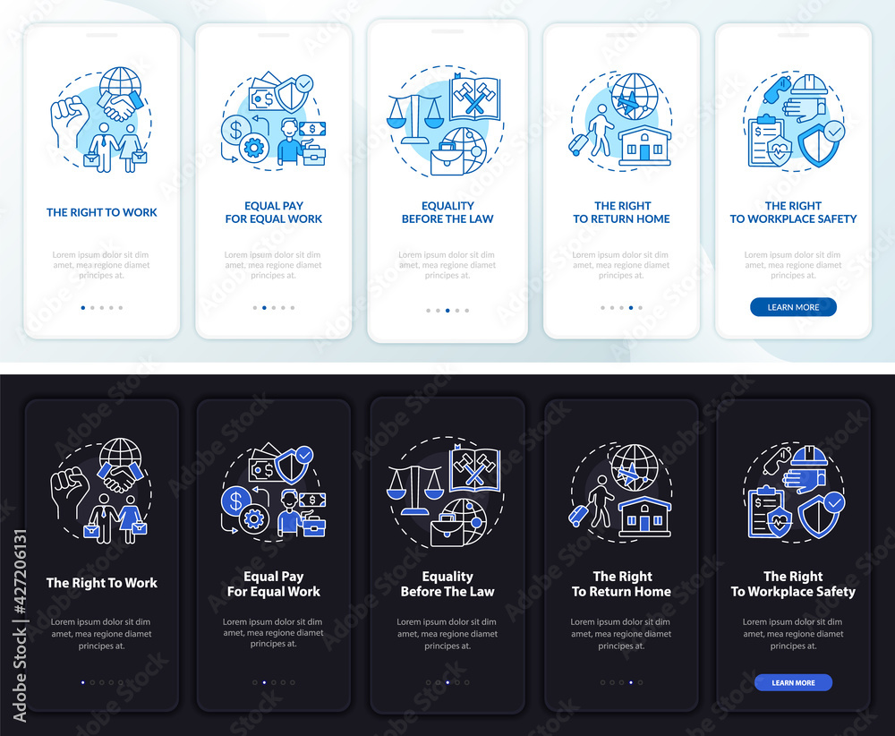 Migrant workers onboarding mobile app page screen with concepts. Immigrant walkthrough 5 steps graphic instructions. UI, UX, GUI vector template with linear night and day mode illustrations