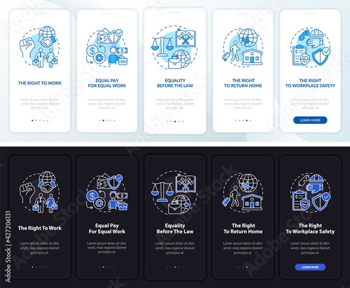 Migrant workers onboarding mobile app page screen with concepts. Immigrant walkthrough 5 steps graphic instructions. UI, UX, GUI vector template with linear night and day mode illustrations