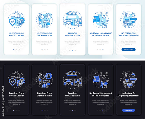 Migrant freedoms onboarding mobile app page screen with concepts. Immigrant rights walkthrough 5 steps graphic instructions. UI, UX, GUI vector template with linear night and day mode illustrations