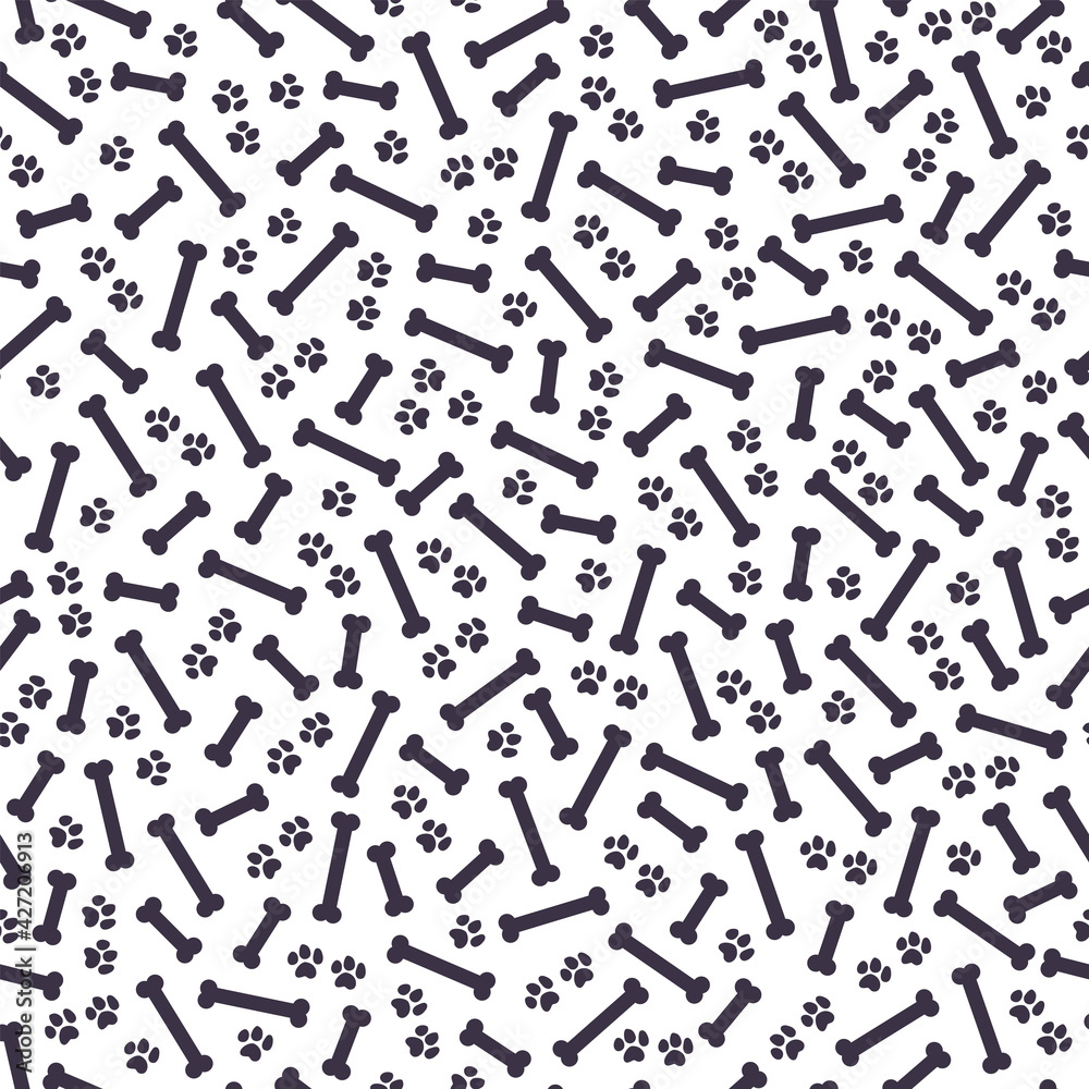 Seamless pattern design with dog paw traces and bone silhouettes shapes isolated on white background. Vector flat cartoon illustration. For packaging, wrapping paper etc. Seamless pattern design with dog paw traces and bone silhouettes shapes isolated on white background. Vector flat cartoon illustration. For packaging, wrapping paper etc.