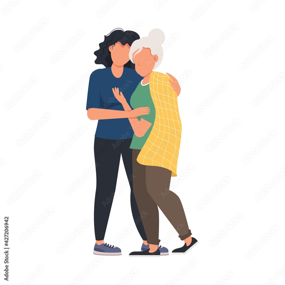 Woman hugging her mother. Family love. Mothers Day greeting card. Mom and daughter hug together. Happy characters lifestyle. Family relationship concept. Vector illustration.