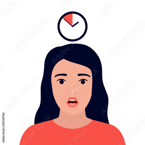 Woman face with surprise emotion and time management concept, people and clock, deadline. Girl hurry, rush to do on work, time is running out. Business timing, time is running out. Vector illustration