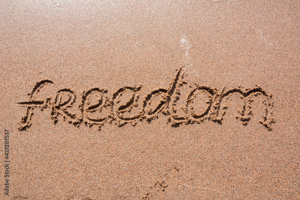 Fototapeta premium Word Freedom handwritten on a sandy beach